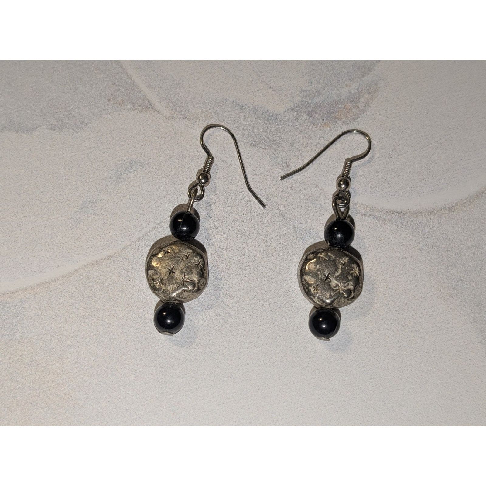 Vintage VTG 1980s Rustic Silver-Tone Disc Black Beaded Drop Earrings Size ONE SIZE - 2 Thumbnail