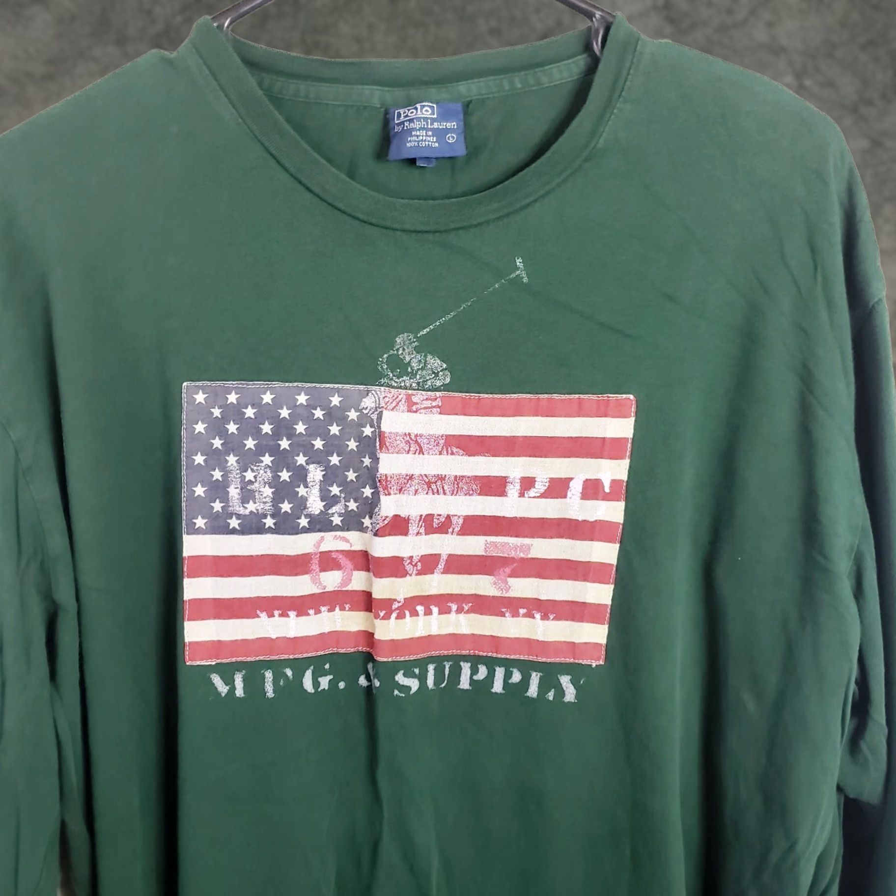 Polo Ralph Lauren VINTAGE Polo Ralph Lauren T-Shirt LONG SLEEVE Crewneck Sewn American Flag Green Size L Mens Size US L / EU 52-54 / 3 - 1 Thumbnail