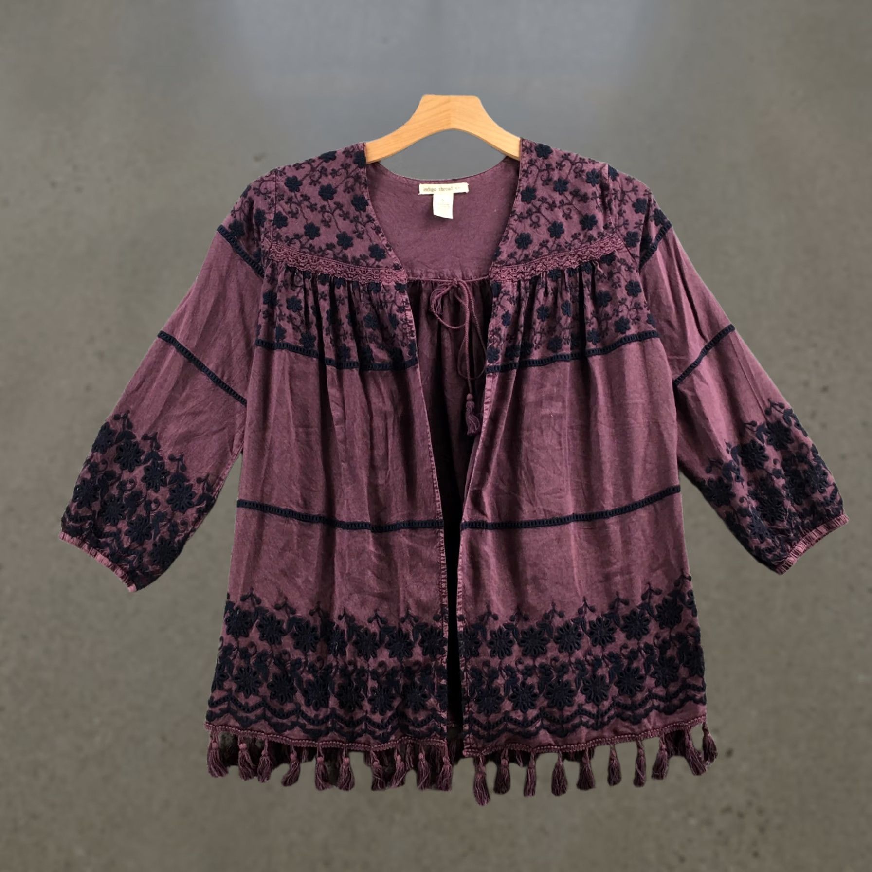 Vintage Indigo Womens S Cardigan Duster Purple Boho Embroidered Fringe Hem Casual Shirt/Top (Indigo Thread) Size S / US 4 / IT 40 - 1 Thumbnail