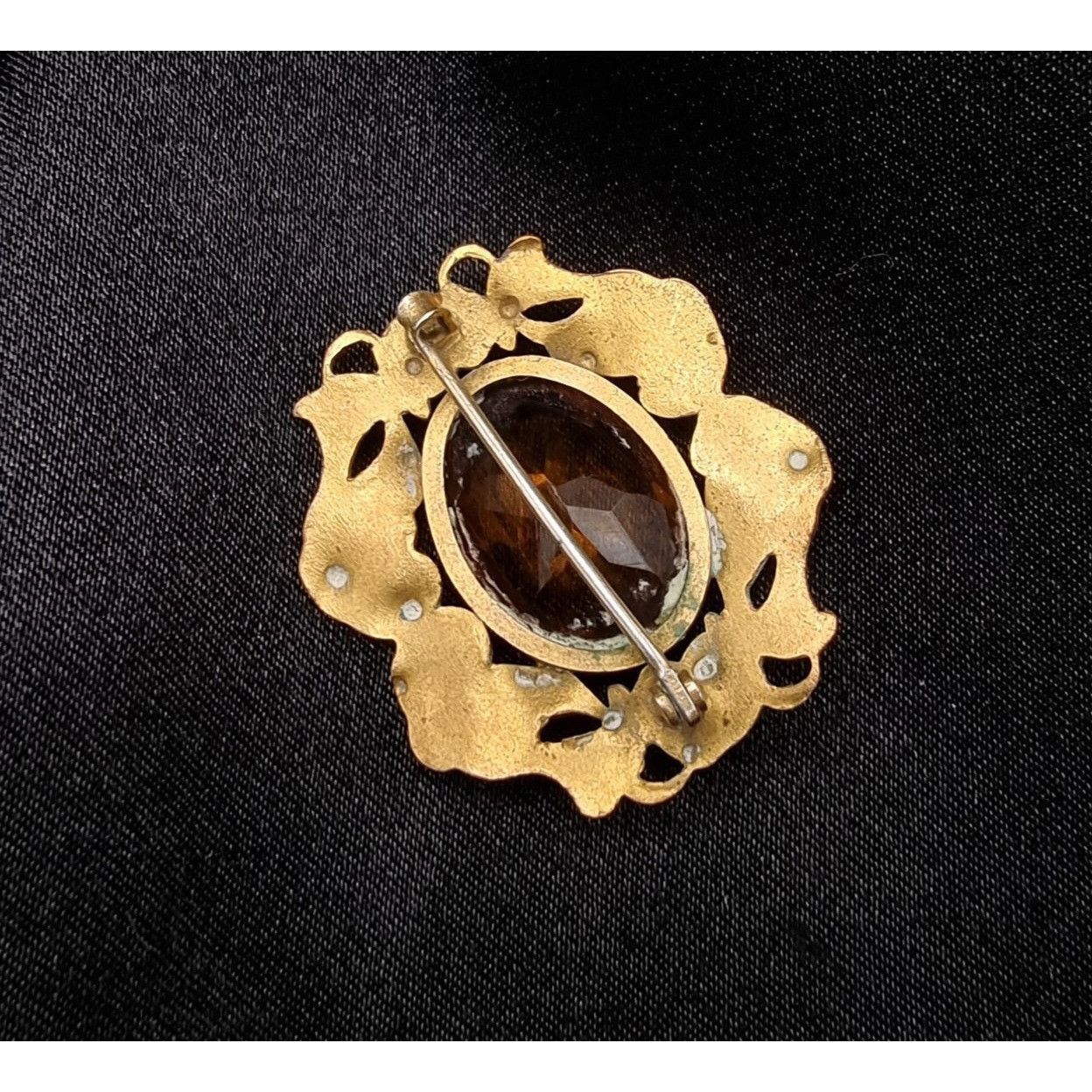 Vintage Antique Early 20th Century Gold-Tone Brooch With Amber Oval Size ONE SIZE - 4 Thumbnail