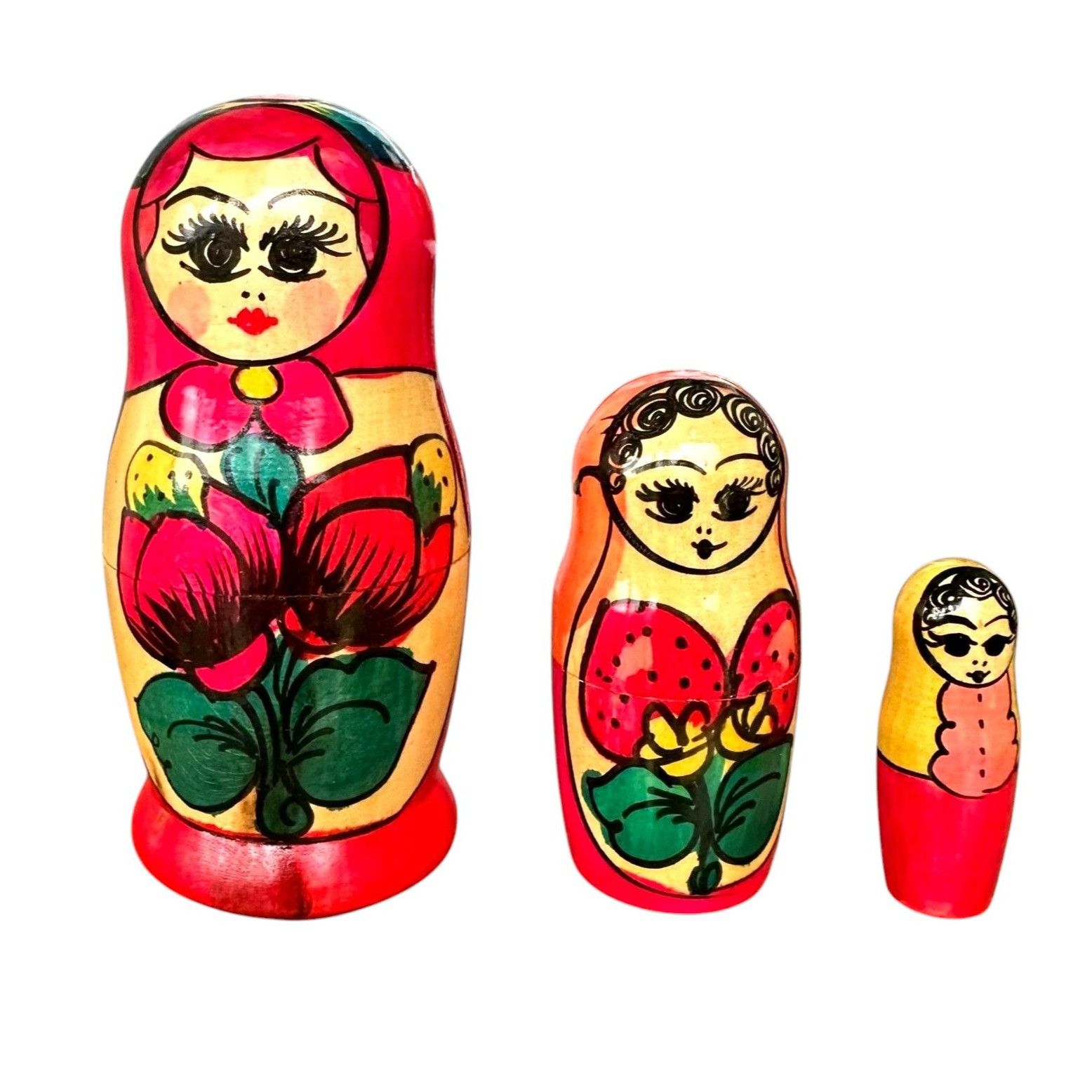 Handmade × Vintage Vintage Russian Nesting Doll Set of 3 Red Floral Matryoshka Size ONE SIZE - 2 Thumbnail