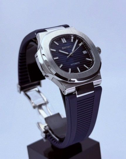 Japanese Brand Seiko Mod Nautilus Navy Dial Steel Watch Rubber Strap 41mm Size ONE SIZE - 3 Thumbnail