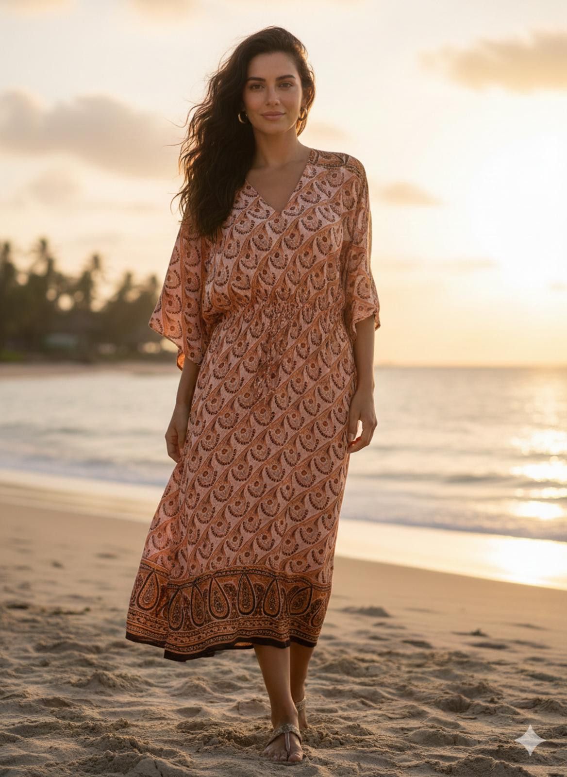 Other Kaftan Dress OSFM Pink Orange Bohemian Elastic Cinch Flowy Size ONE SIZE - 1 Thumbnail