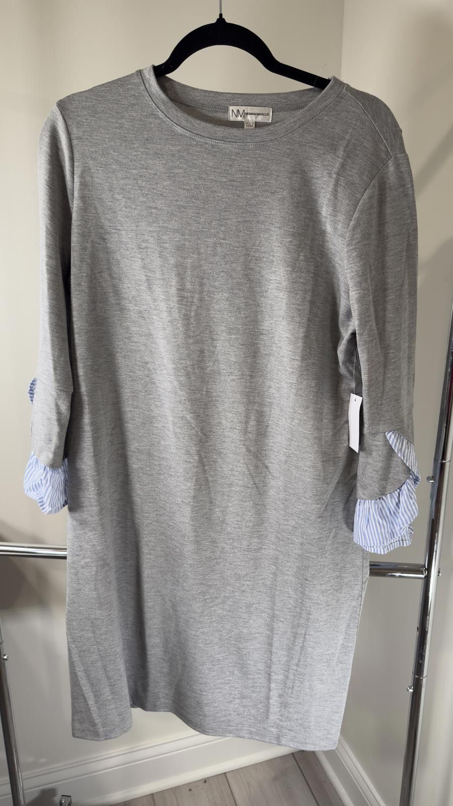 Neiman Marcus Neiman Marcus Gray Dress with Striped Cuffs - Size L Size L / US 10 / IT 46 - 1 Thumbnail
