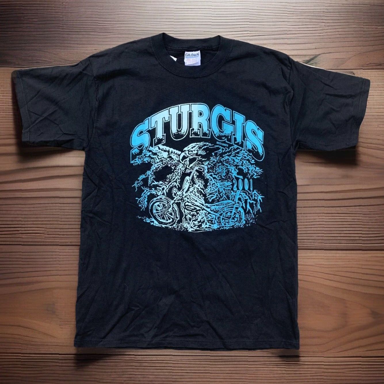 Gildan VINTAGE Sturgis South Dakota 2001 Black Hills Rally T Shirt L Men's Graphic Print Crew Neck Short Sleeve Cotton Gildan Dinosaur? Size US L / EU 52-54 / 3 - 7 Thumbnail