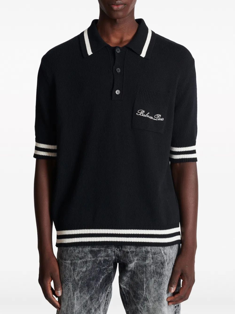 Balmain o1s1wg110925 Logo Embroidered Striped Polo Shirt in Black Size US XL / EU 56 / 4 - 5 Thumbnail
