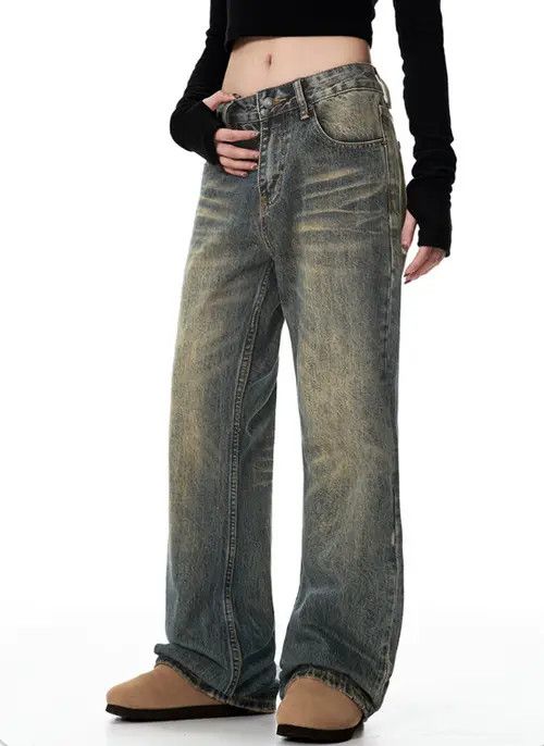 American retro distressed low-rise flared straight jeans