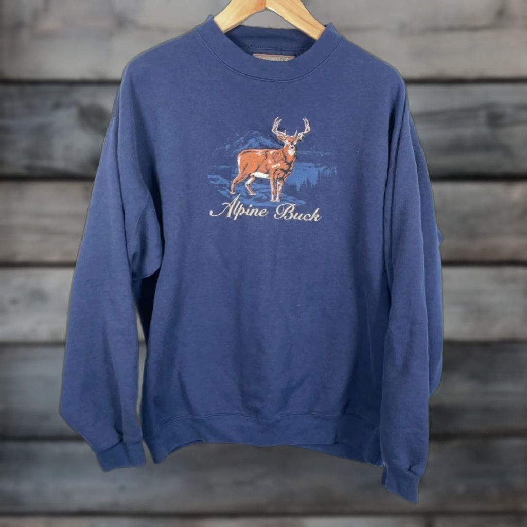 Vintage VINTAGE Headwaters Sweatshirt Dark Blue Embroidered Alpina Buck Men XL Graphic Print Crew Neck Pullover Regular Cotton-Blend Fleece Size US XL / EU 56 / 4 - 1 Thumbnail