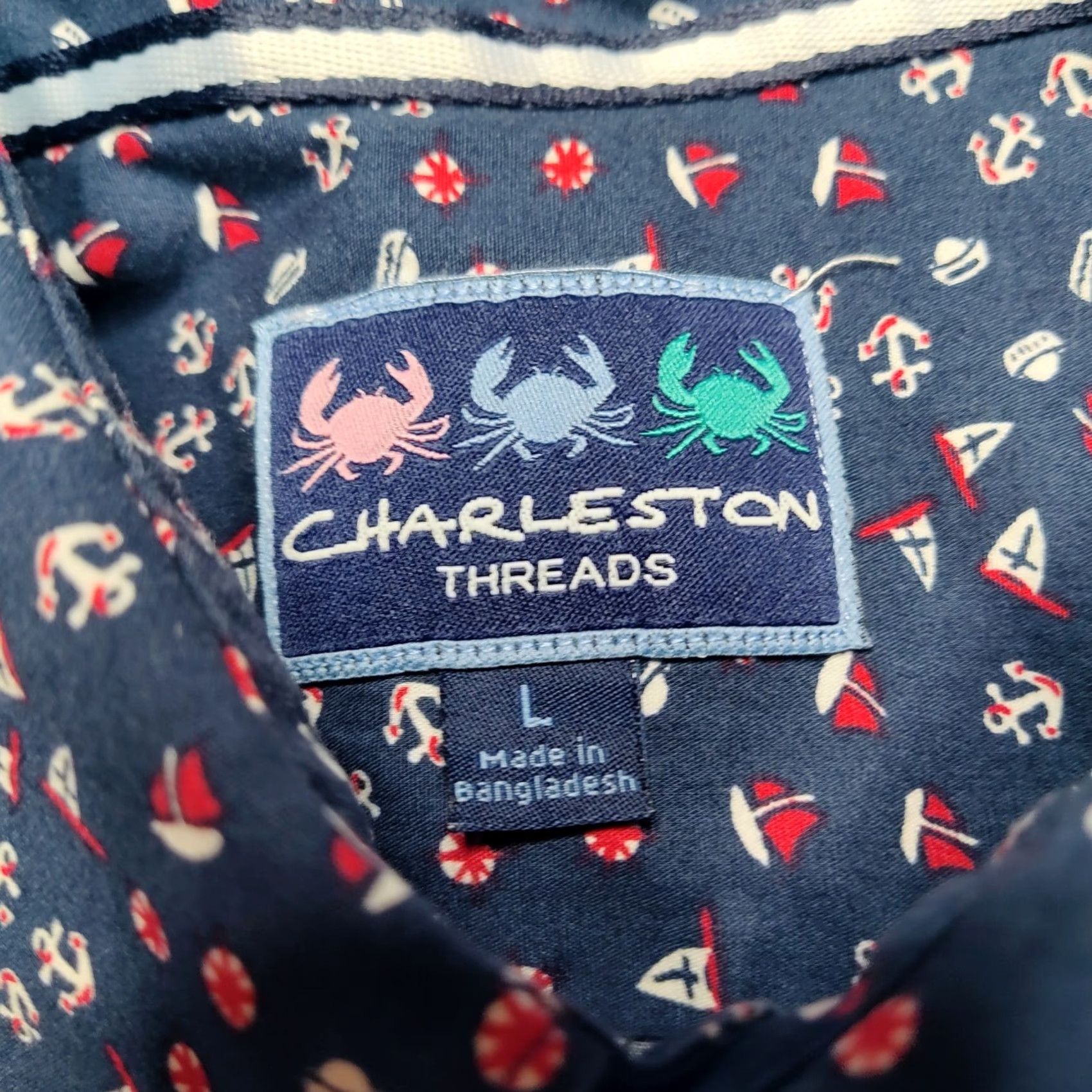 Vintage Charleston Threads Men Button-Up Shirt Geometric Sail Boat Anchors Navy Blue Cotton L Size US L / EU 52-54 / 3 - 3 Thumbnail