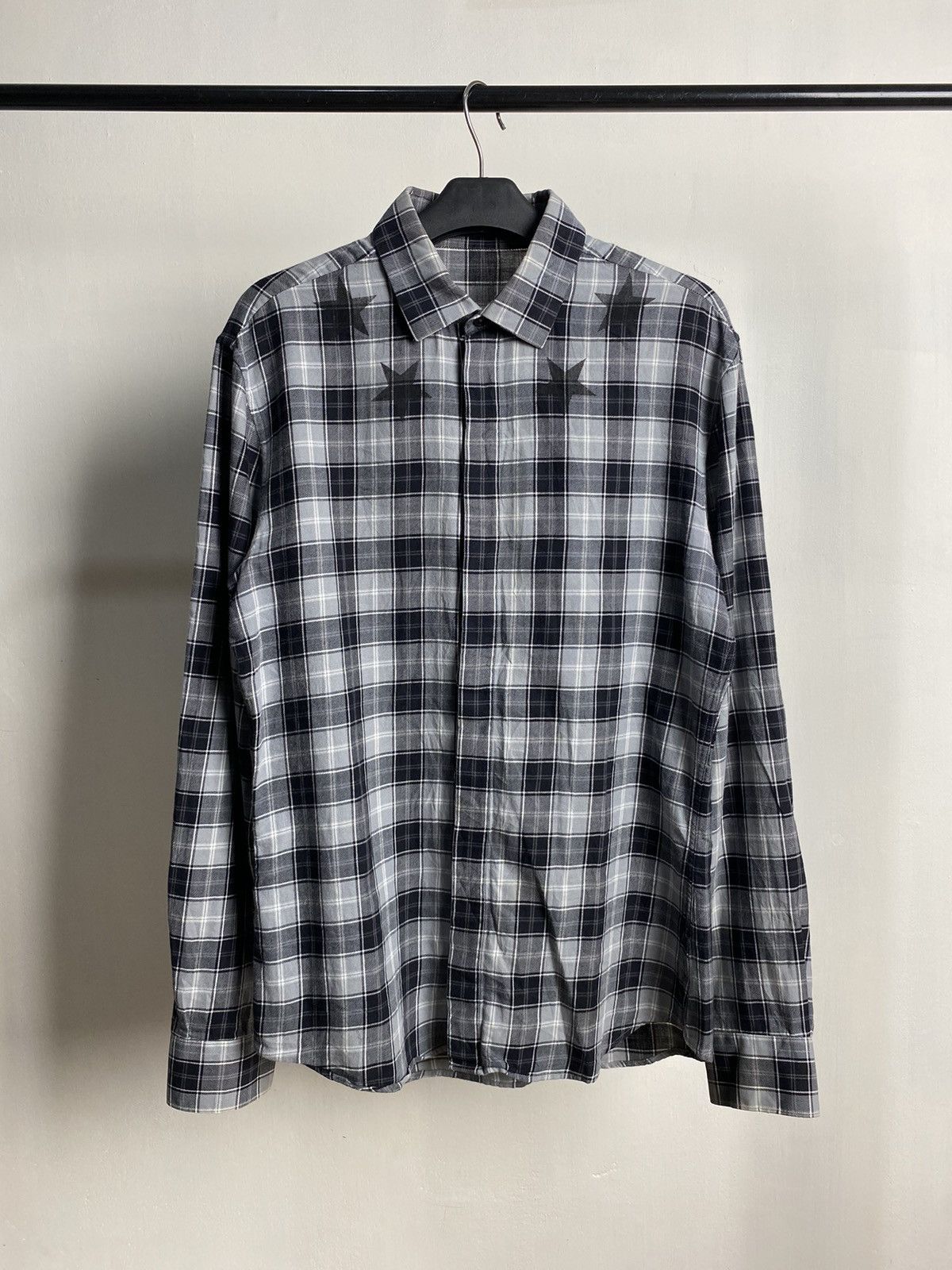 image of Givenchy Star Print Check Shirt in Grey Plaid, Men's (Size Medium)