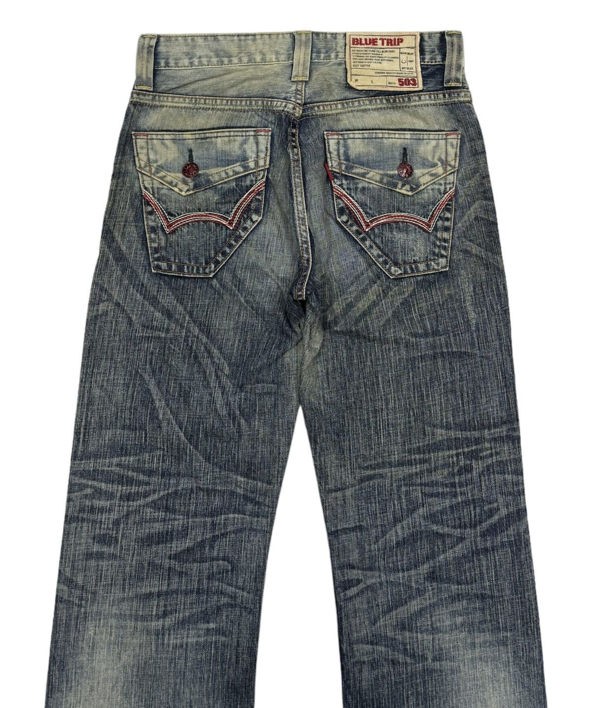 Le Grande Bleu (L.G.B.) 🔥EDWIN 503 BLUE TRIP FLARE RUSTY GRUNGE DENIM JEANS Size 31" - 8 Thumbnail
