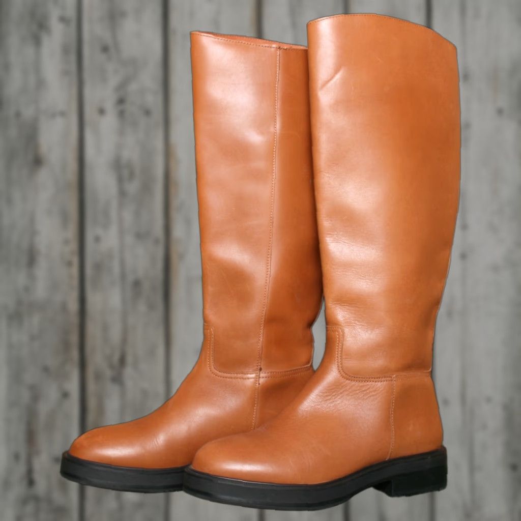 Mango VINTAGE MNG MANGO Cognac Brown Leather 16" Tall Riding Boots EUR 37 ≈ US 6.5 Size US 7 / IT 37 - 1 Thumbnail