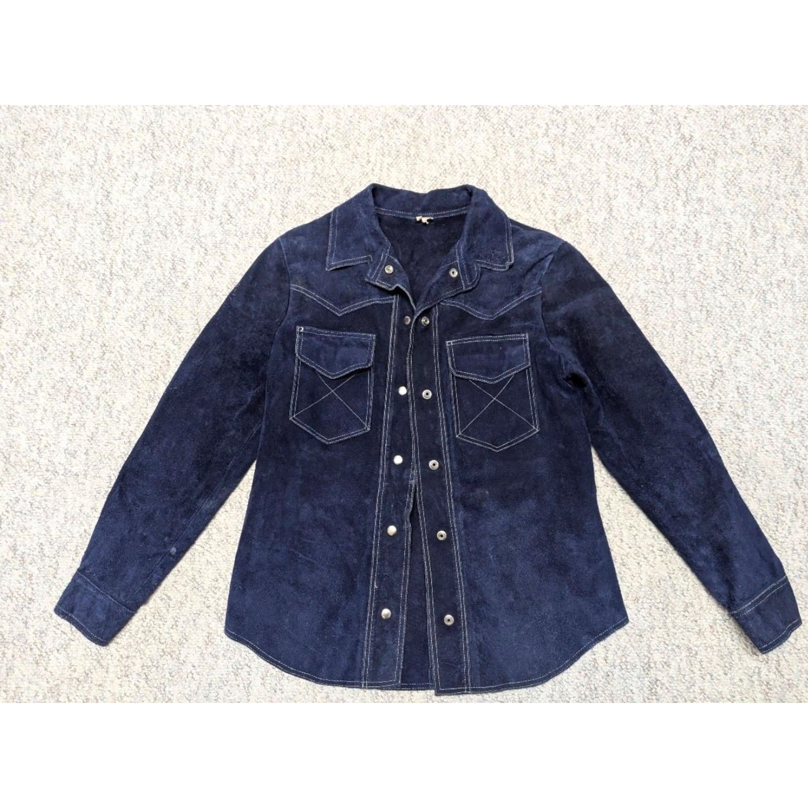 Vintage VINTAGE blue jacket Western trucker jacket Unisex Adults S Blue 1970s split suede cowhide leather snap Western trend Mens Womens Size US S / EU 44-46 / 1 - 4 Thumbnail