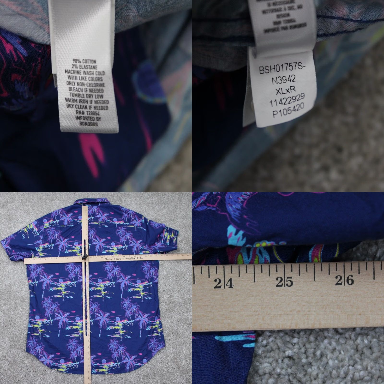 Bonobos Bonobos Slim Fit Button-Up Shirt Mens XL Purple Palm Trees Floral Short Sleeve Cotton Nylon Stretch Casual Travel Button-Down Size US XL / EU 56 / 4 - 8 Thumbnail