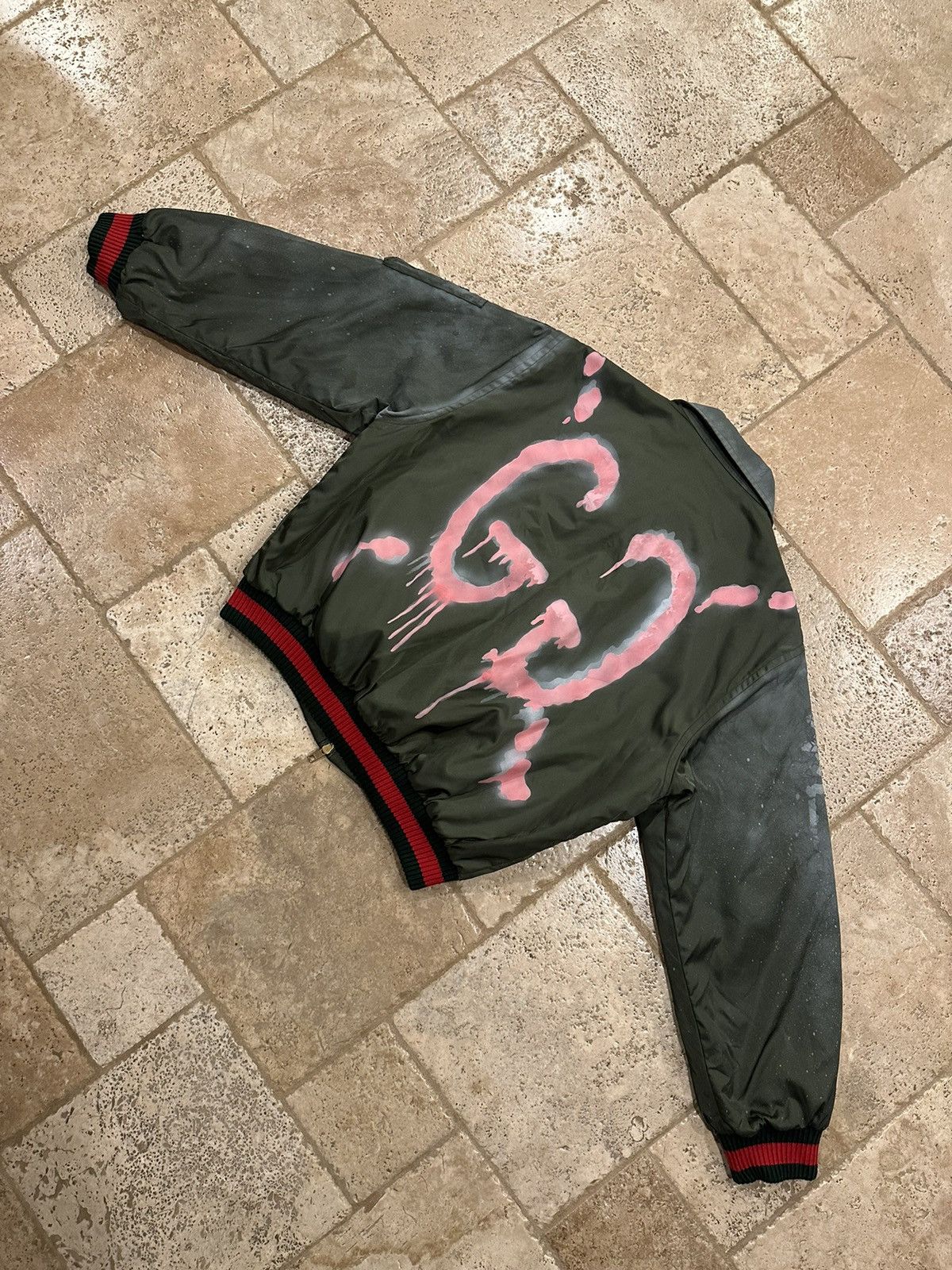 Gucci Hand Painted Ghost Bomber Olive Green Jacket