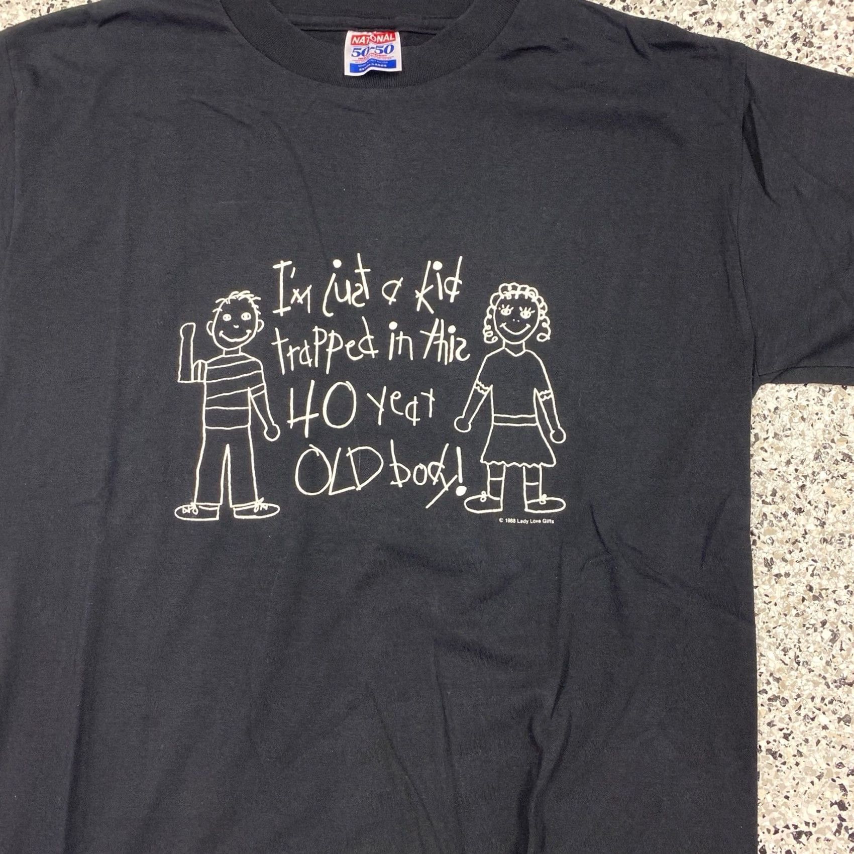 Vintage VINTAGE National T-Shirt XL Graphic Tee Black Kid trapped in a 40 yr old body Mens Size US XL / EU 56 / 4 - 2 Thumbnail