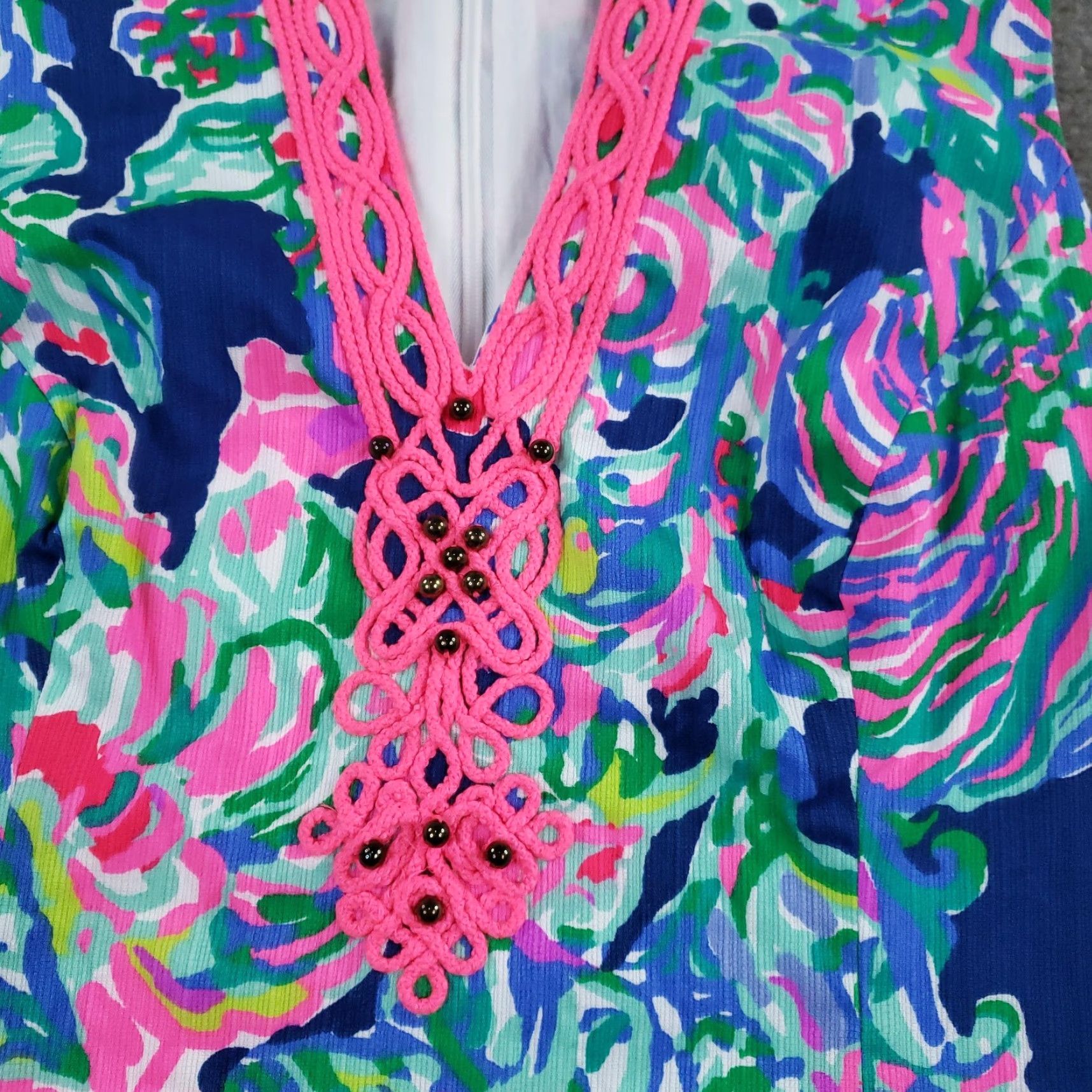 Lilly Pulitzer Lilly Pulitzer Ryder Shift Dress Womens 4 Blue Floral Pink Trim Cotton Beaded Size S / US 4 / IT 40 - 7 Thumbnail