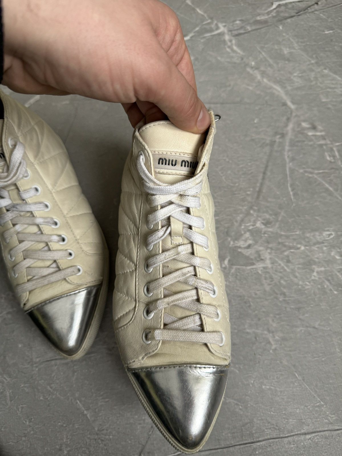 Miu Miu Miu Miu Hi Tip Sneakers Pointed Toe Leather Distressed Size US 6.5 / IT 36.5 - 18 Thumbnail