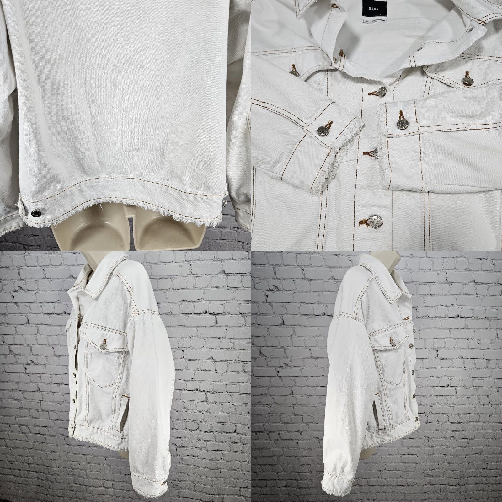Bdg BDG Jacket Women's Denim White 100% Cotton Oversized Buttoned Distressed Large L 90s Fringe Pockets Collared Short Length Casual Chic Size 36" / US 14 / IT 50 - 9 Thumbnail