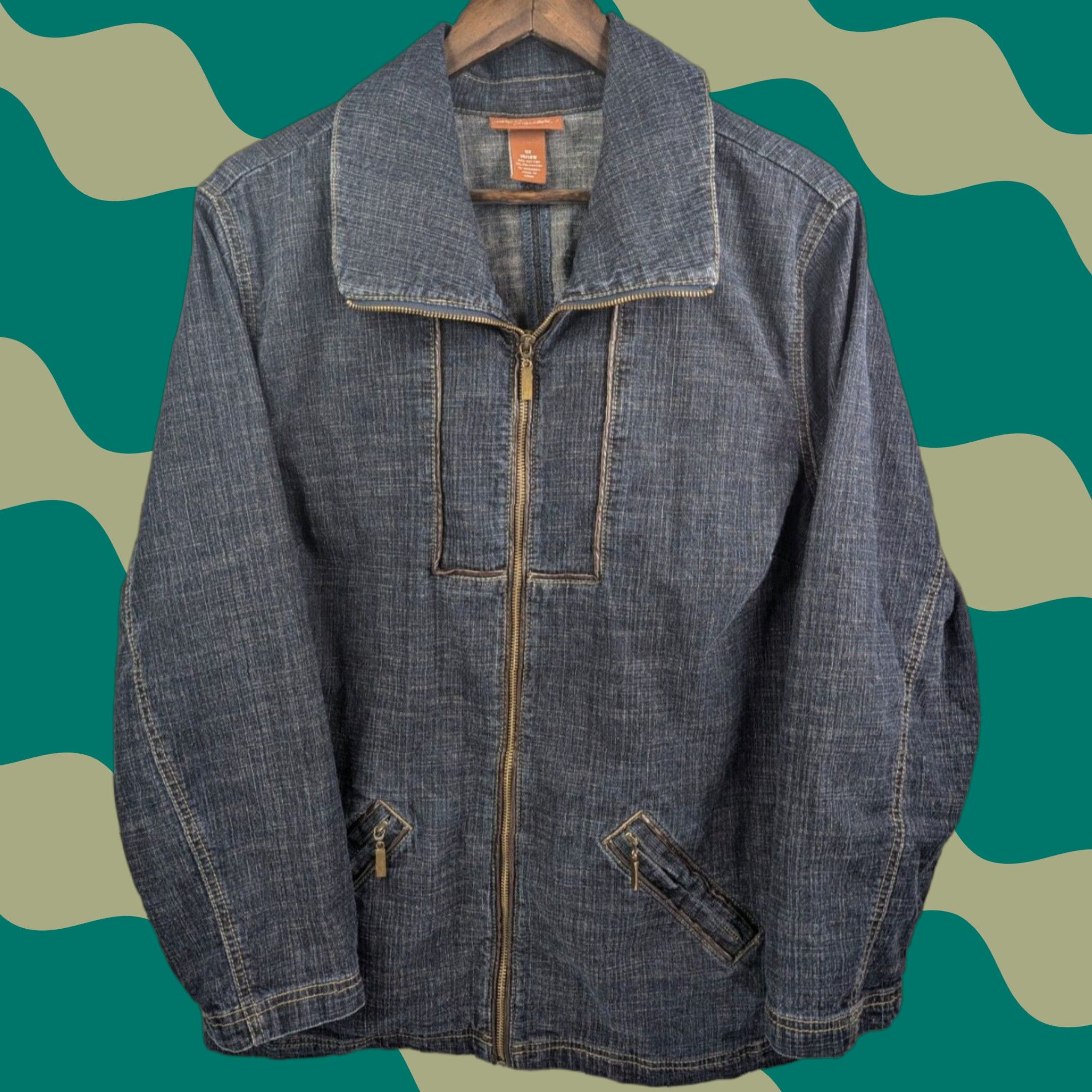 Denime Liz & Me Jean Jacket Women's 0X Denim Full Zip Blue Leather Trim Detail Plus Size Jacket Womens Shape Jacket Size 40" / US 18 - 1 Thumbnail
