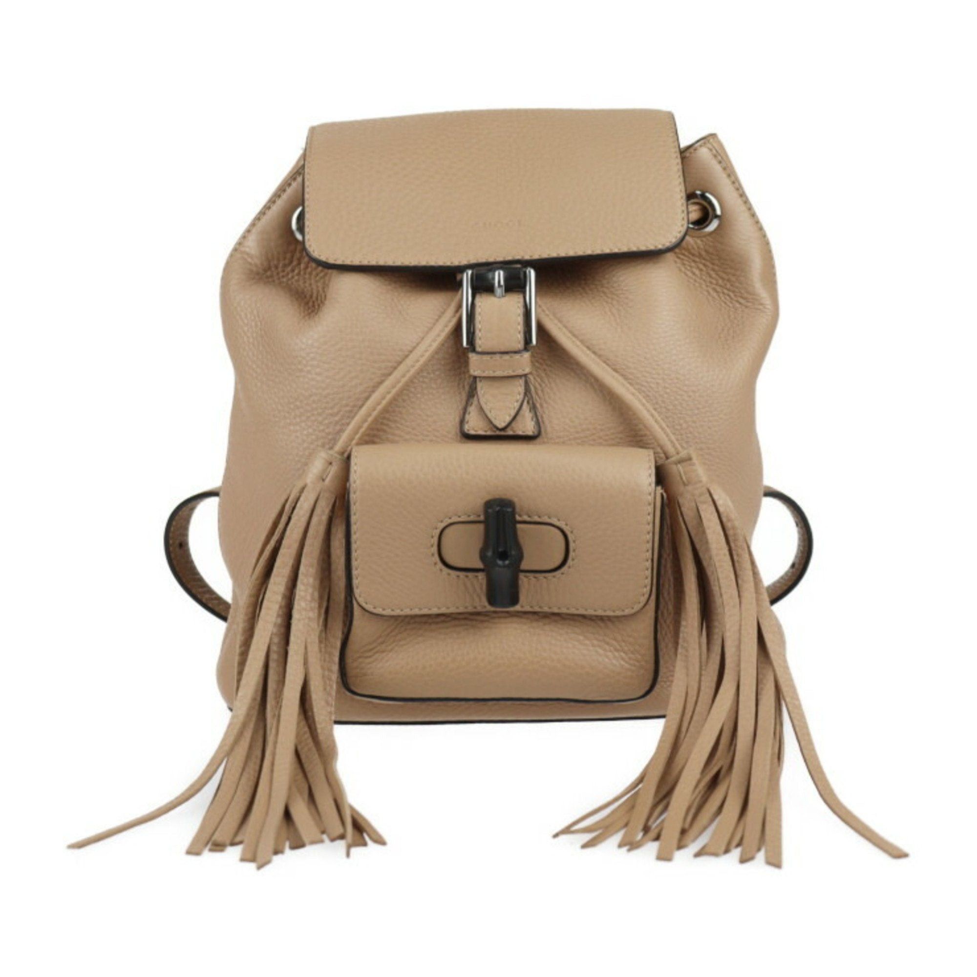 image of Gucci Bamboo Backpack/daypack 387149 Leather Beige Silver Hardware Backpack Tassel in Black, Women'