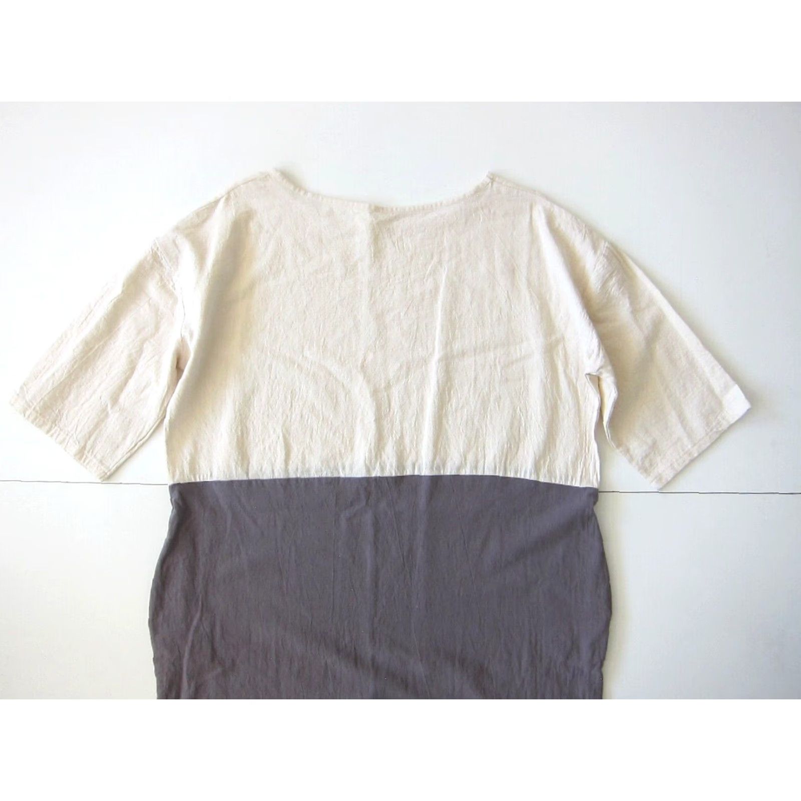 Vintage 100% Cotton Ivory Grey Lagenlook Short Sleeve Pocket Tunic Sheath Dress Large Size 36" / US 14 / IT 50 - 4 Thumbnail