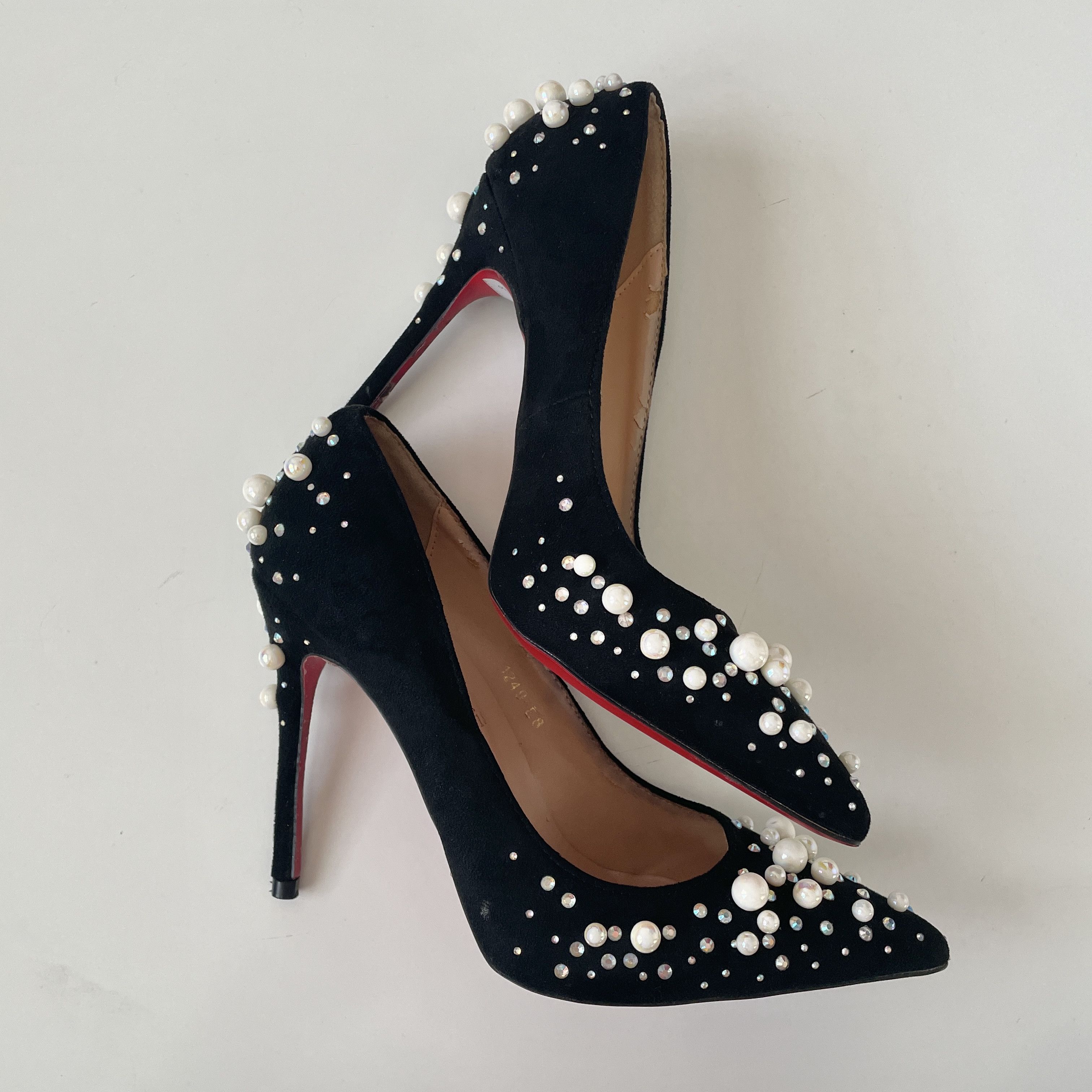Christian Louboutin RARE 👠 Christian Louboutin Black Suede Embellished Pump Size US 5 / IT 35 - 3 Thumbnail