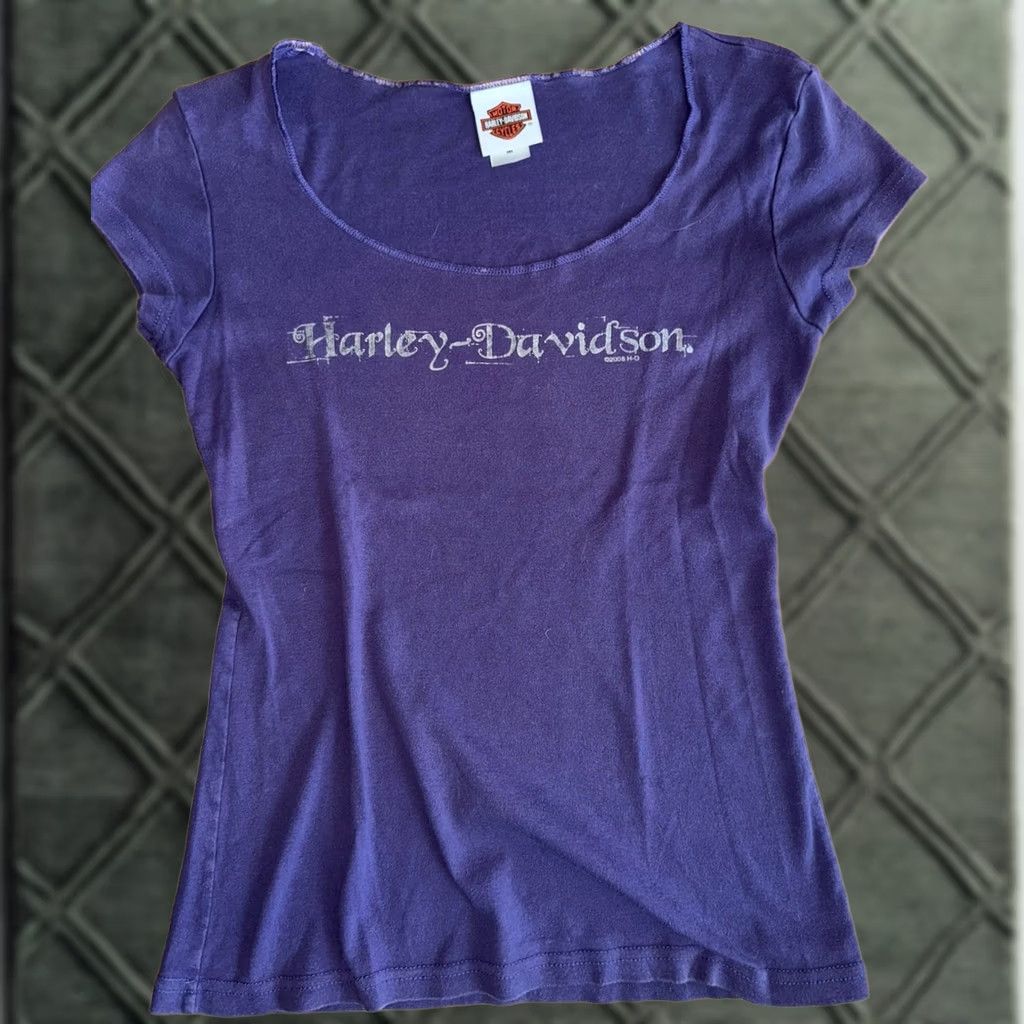 VINTAGE Harley-Davidson Graphic Blouse T-Shirt Purple 3/4 Sleeve Womens M Size Cotton Blend Graphic Print Casual Motocycle Theme Shirt