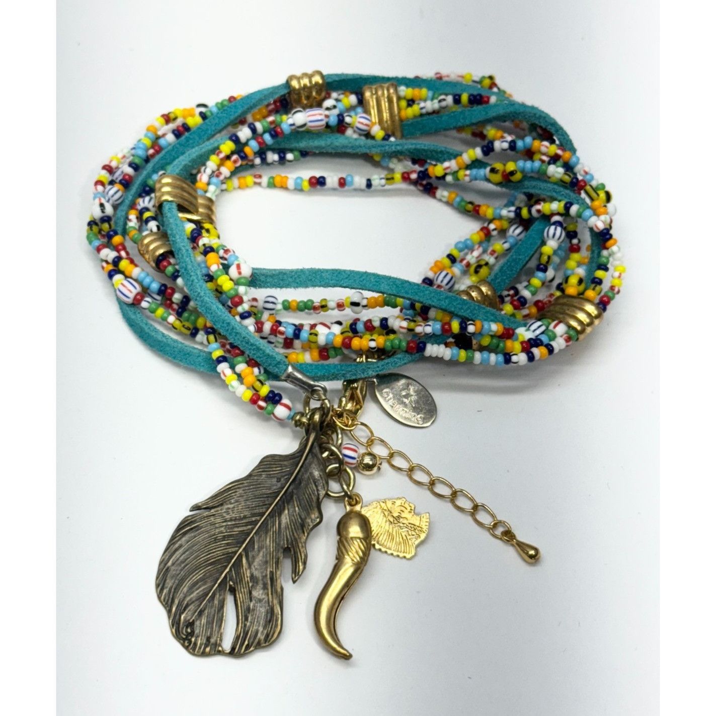 Vintage Vintage blue suede seed bead wrap horn feather charm necklac Size ONE SIZE - 1 Thumbnail
