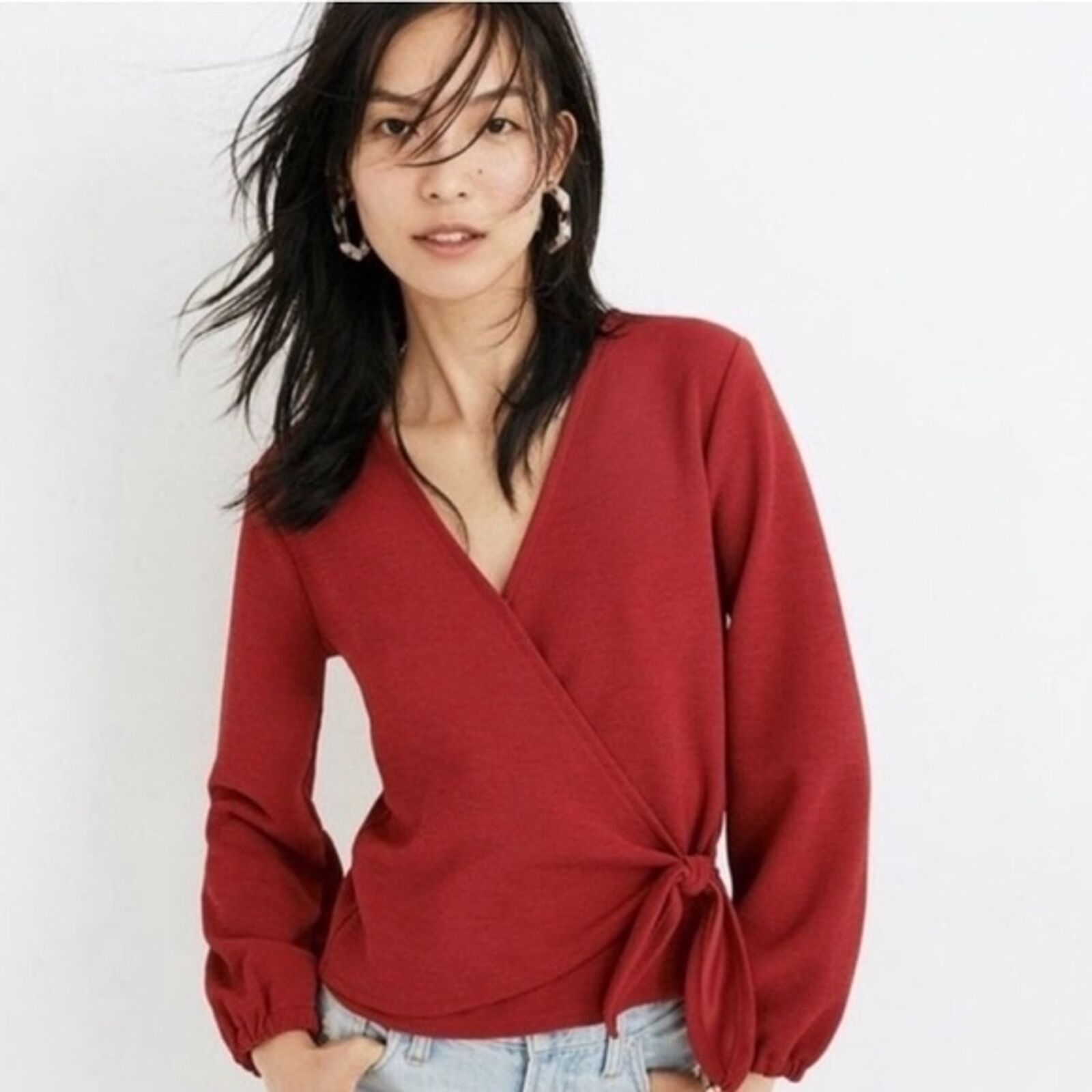 Madewell Madewell Texture + Thread Red Crepe Mock Wrap Top Blouse M Size M / US 6-8 / IT 42-44 - 1 Thumbnail
