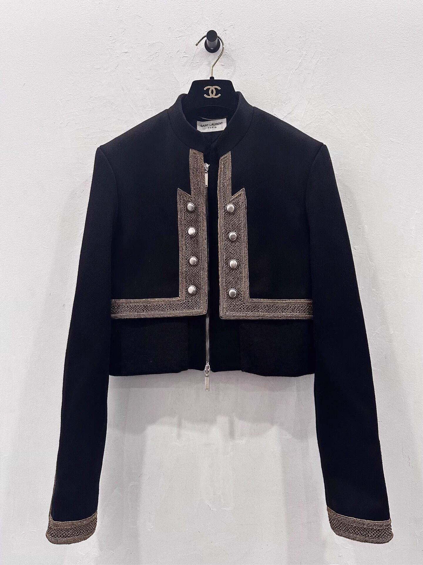 Yves Saint Laurent YSL Black Wool Baroque Blazer 38 Silver Buttons Metal Logo Size S / US 4 / IT 40 - 1 Thumbnail