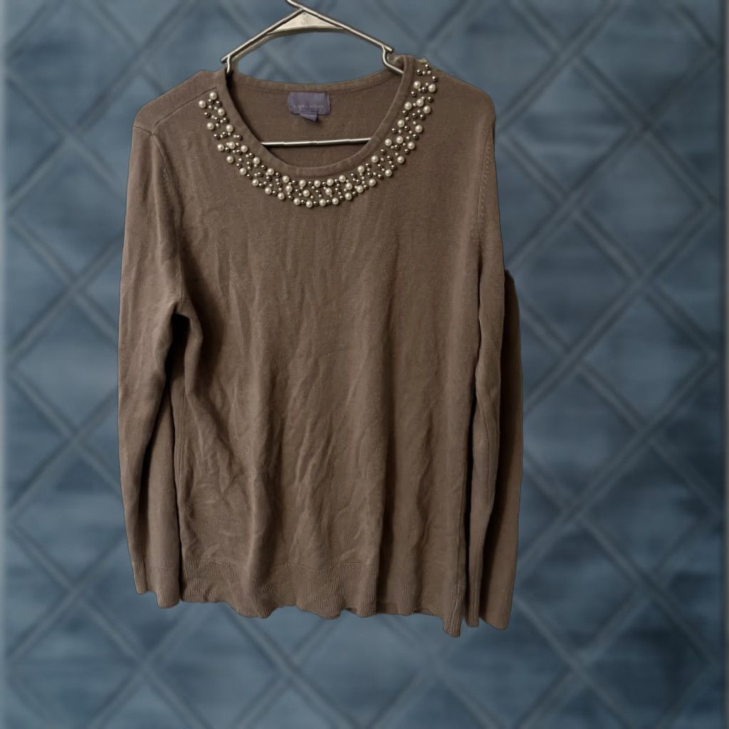 Vintage Laura Scott Women's Pullover Sweater Shirt (Round Neck) Beaded Faux Pearls Lavender XL Classic Knit Size XL / US 12-14 / IT 48-50 - 1 Thumbnail