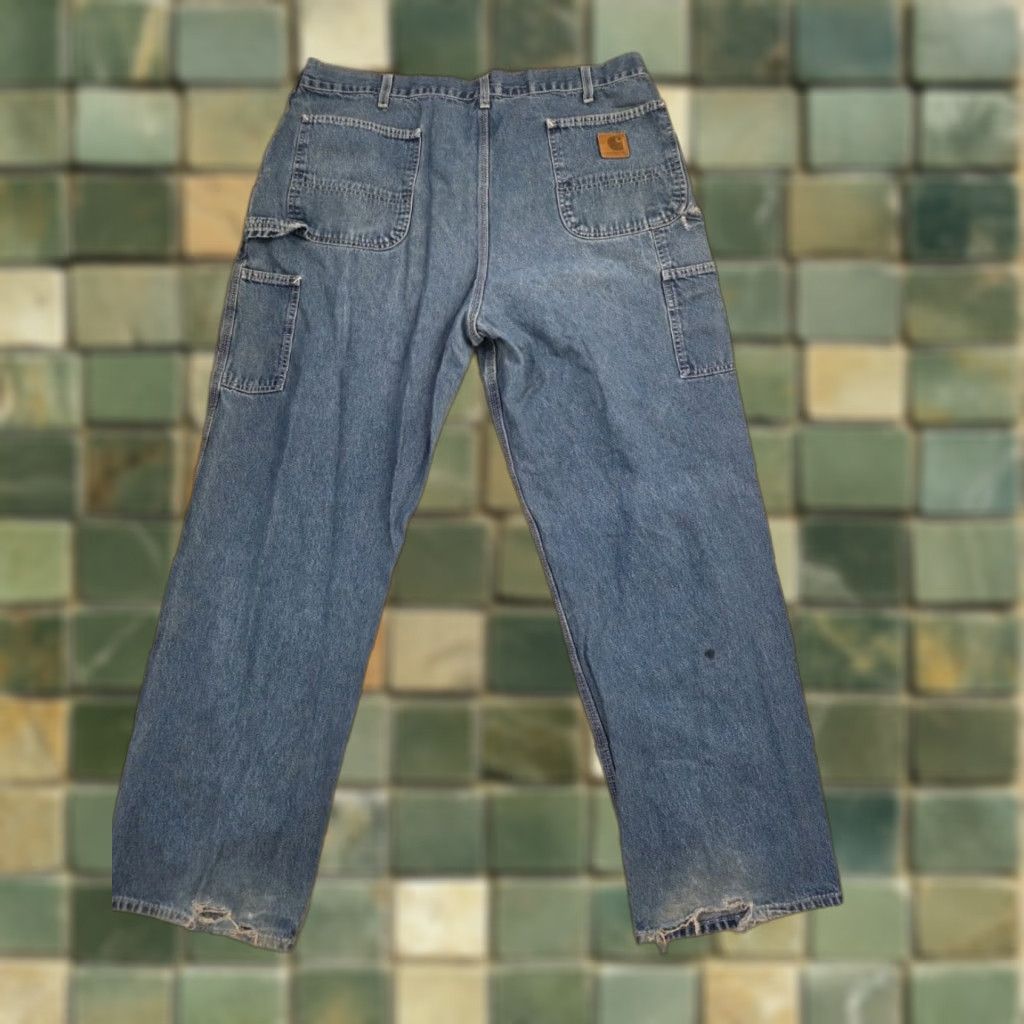 Carhartt VINTAGE Carhartt Carpenter Jeans Pants 42x32 Blue Denim Workwear 90s Grunge Hip Hop USA Mens Carhartt B73 DST Leather Logo Distressed Size US 42 / EU 58 - 1 Thumbnail