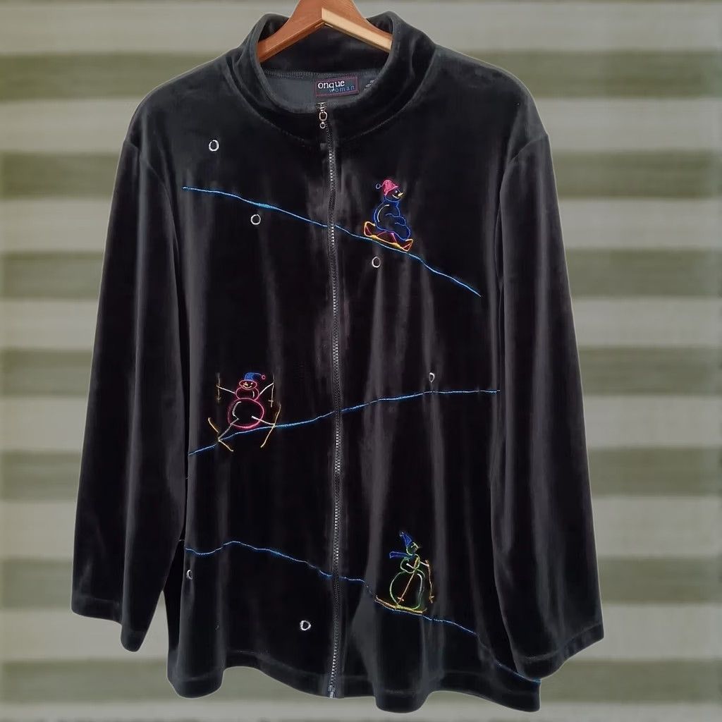 Velour VINTAGE Onque Women Sweatshirt Black Velour Snowmen Sledding Ski Full Zip 2X Men Ladies Embroidered Winter Plush Cozy Casual/Party Size US XXL / EU 58 / 5 - 1 Thumbnail