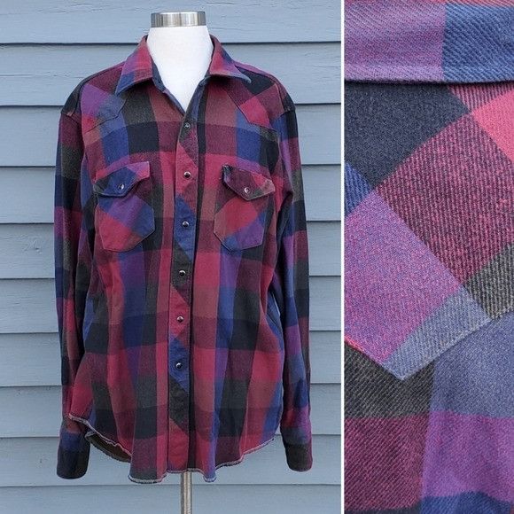 Vintage × Wrangler Vintage 80s Wrangler Pearl Snap Brushpopper Maroon Blue Purp Size US XL / EU 56 / 4 - 2 Thumbnail