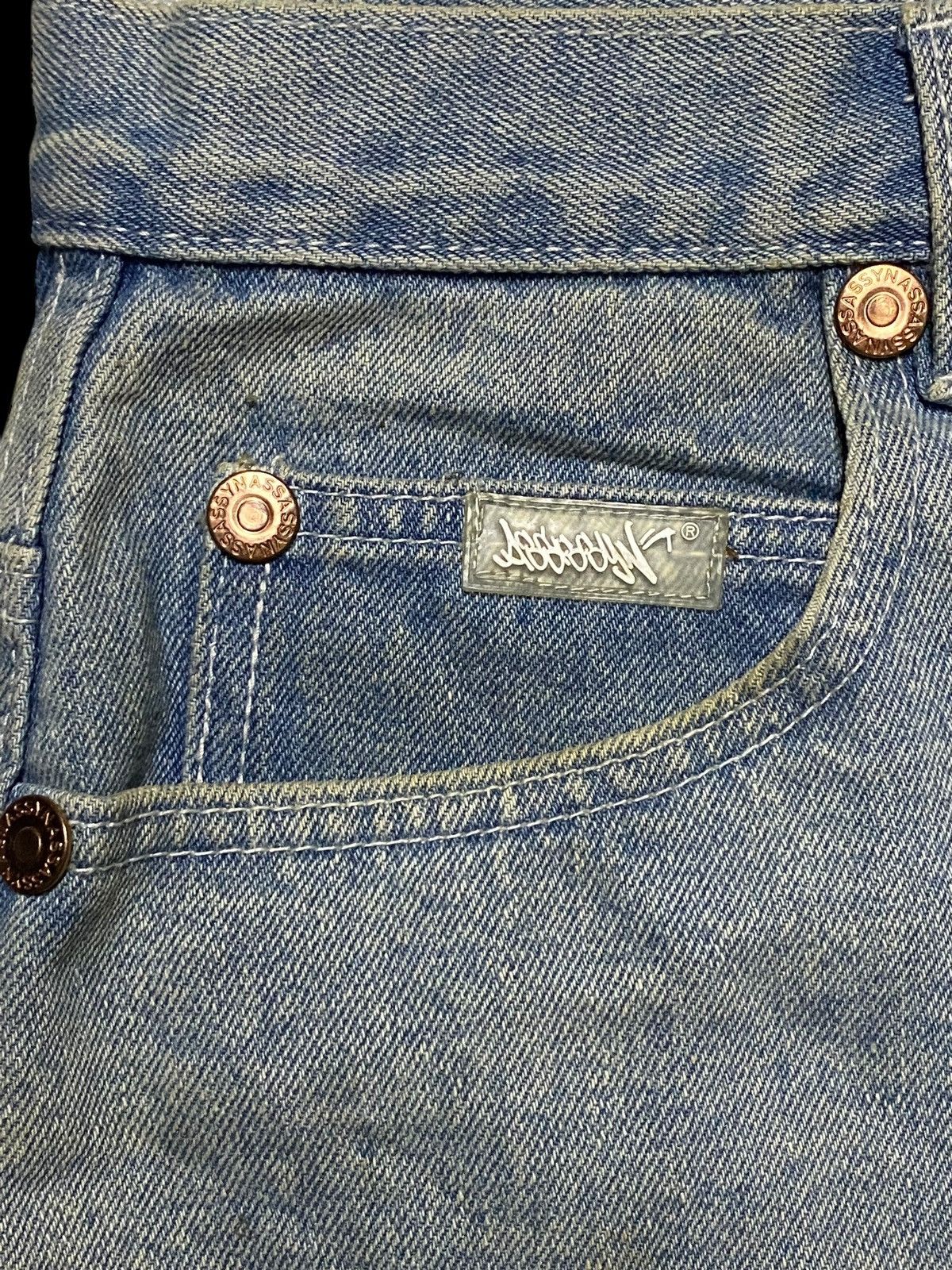 Bob Marley Baggy Vintage Hemp Blue Denim Shorts With Unique Stains Find Size US 31 - 11 Thumbnail