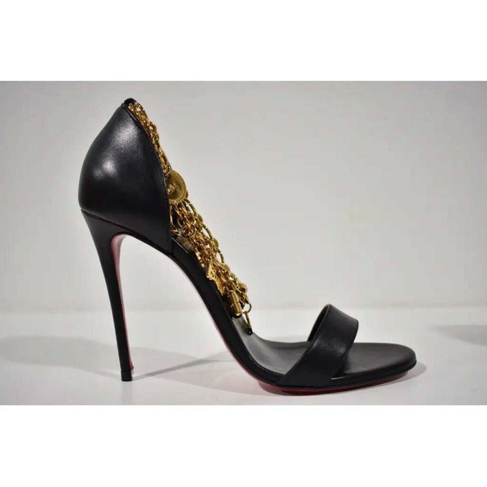 Christian Louboutin Gourmi Sandal 100 Black Gold Charm Ankle Strap Heel Pump 39 Size US 9 / IT 39 - 2 Thumbnail