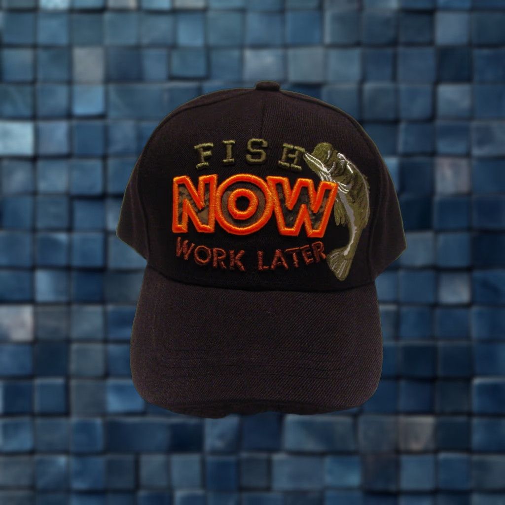 Vintage CALI Fish Now Work Later Fishing Baseball Cap Men Adjustable Black Fish Theme Size ONE SIZE - 1 Thumbnail