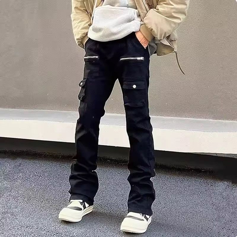 Japanese Brand Black Multi-Zip Cargo Flared Pants - Stacked Fit Size US 32 / EU 48 - 2 Thumbnail