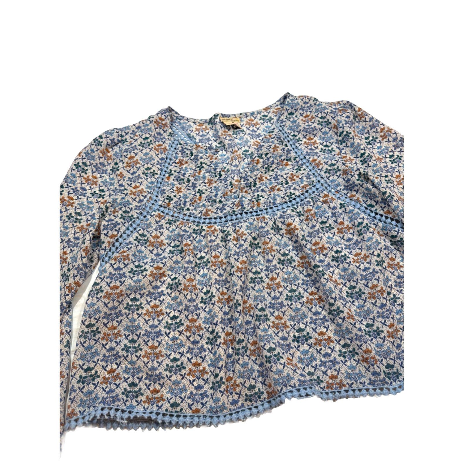 Vintage Holding Horses Blouse Women's Sz 8 Cropped Blue Floral Lace Crochet Long Sleeve Bohemian V Neck Top Size M / US 6-8 / IT 42-44 - 3 Thumbnail
