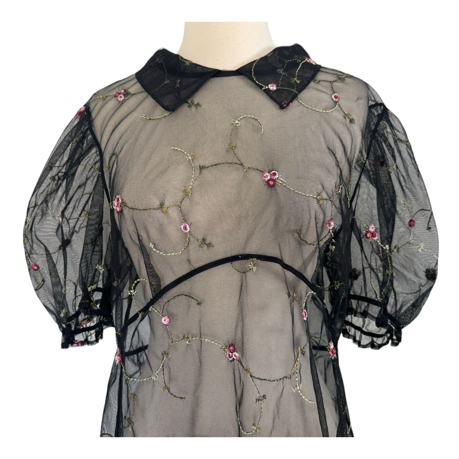 Dolls Kill Dolls Kill SUGAR THRILLZ Sheer Embroidered Puff Sleeve Dress Size XXL / US 16-18 / IT 52-54 - 4 Thumbnail