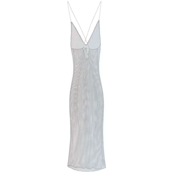 image of Ganni O1S22I1N0524 Long Mesh Crystals Dress In Silver, Women's (Size Small)