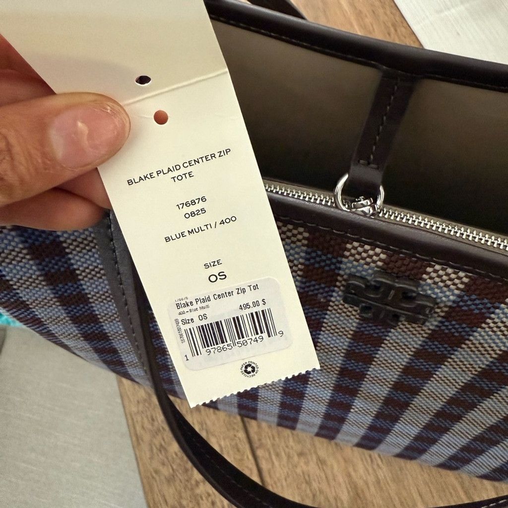 Tory Burch Tory Burch Blake Plaid Zip Tote Blue Multi Woven Nylon Size ONE SIZE - 6 Thumbnail