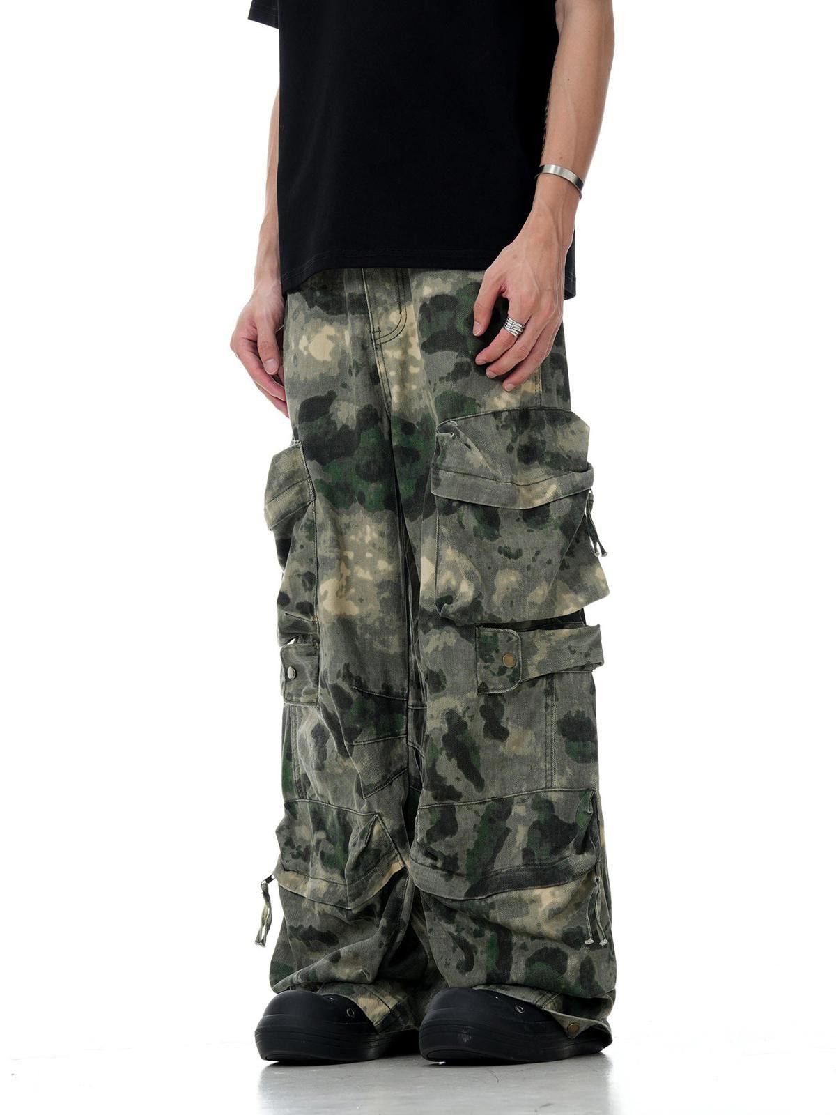 Japanese Brand Green Camouflage Cargo Pants, Baggy Wide Leg Trousers Size US 32 / EU 48 - 2 Thumbnail