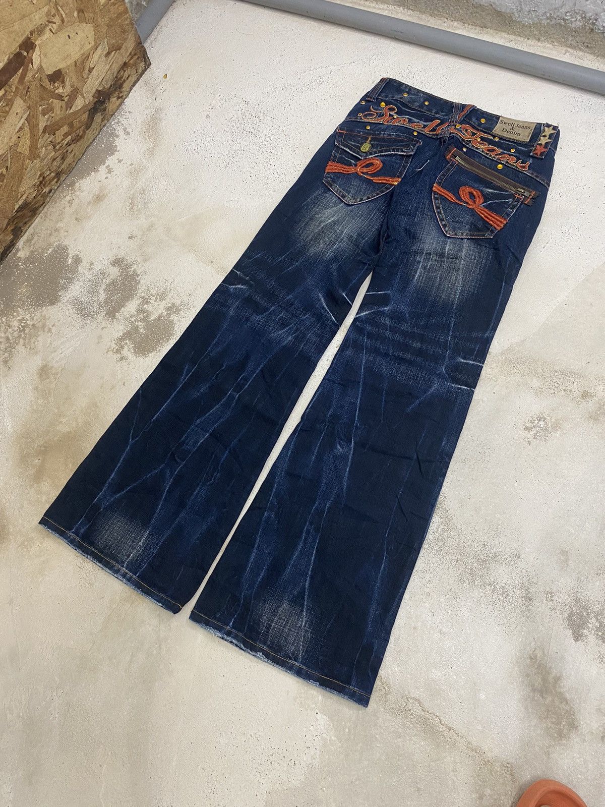 If Six Was Nine Swell Orange Embroidery Art Mud Wash Blue Way Baggy Wide Leg Size US 28 / EU 44 - 4 Thumbnail