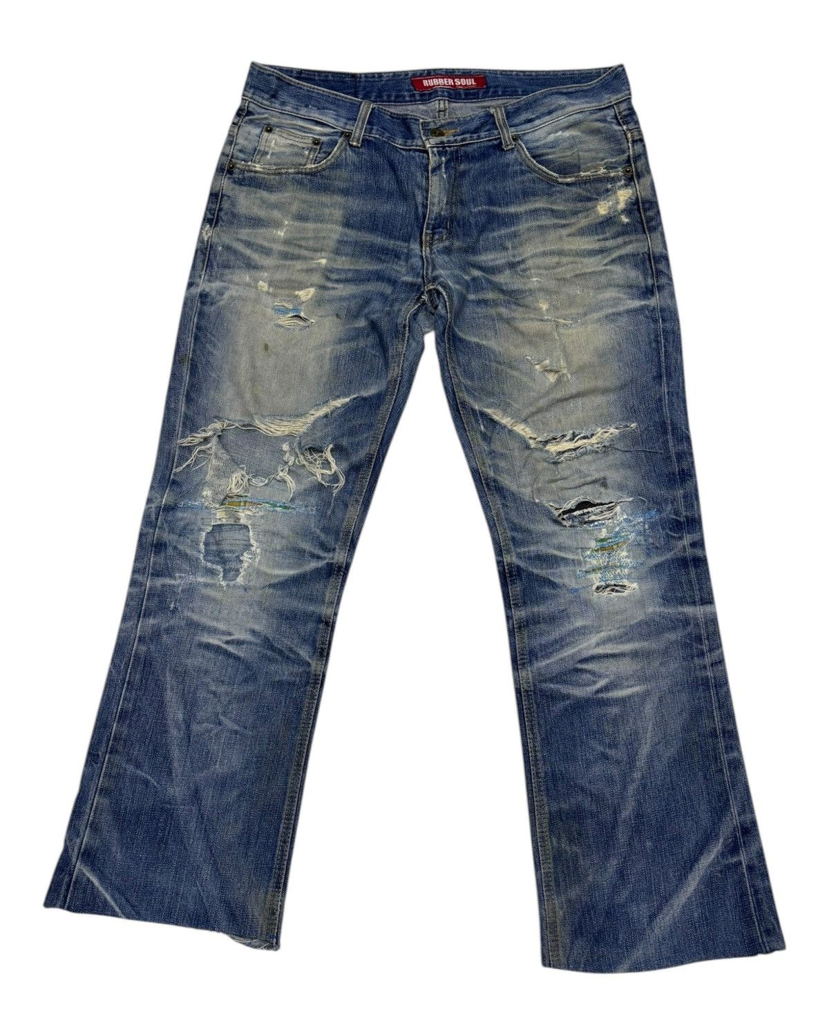 Japanese Brand × Jean × Vintage Vintage Rubber Soul Thrashed Rips Distressed Denim Jeans Size US 36 / EU 52 - 1 Thumbnail