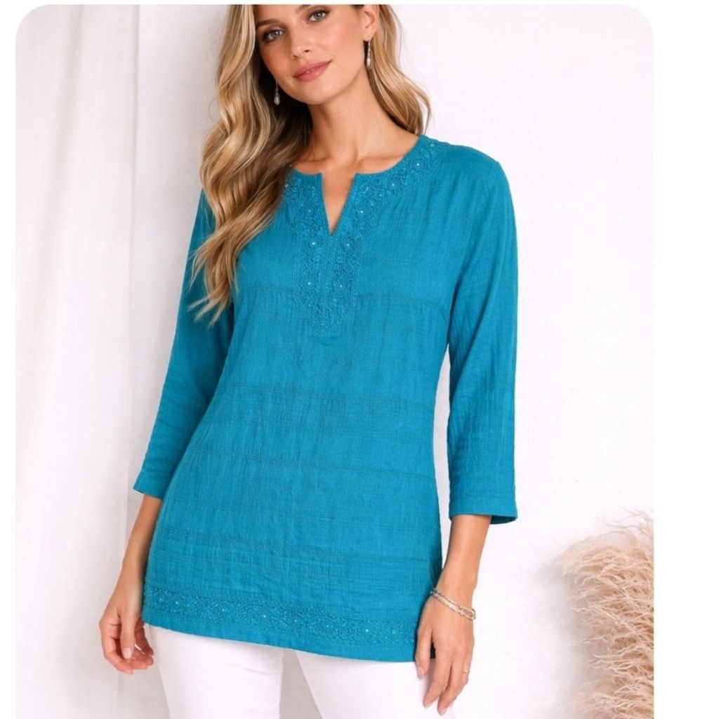 Alfred Dunhill Alfred Dunner Teal Embroidered Tunic M Size M / US 6-8 / IT 42-44 - 1 Thumbnail