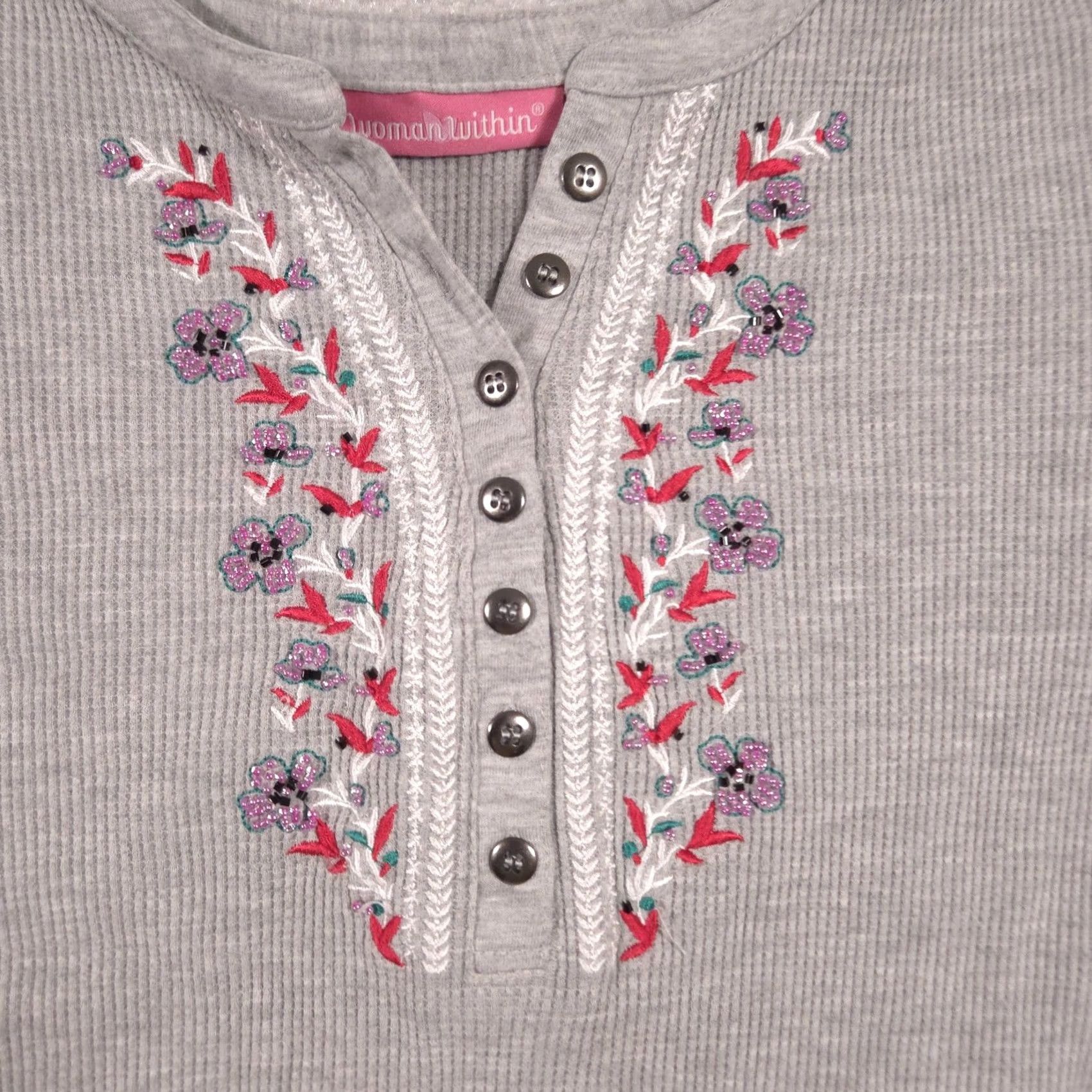 Vintage Woman Within Shirt Womens Large Gray Embroidered Henley Long Sleeve Thermal Top Size L / US 10 / IT 46 - 3 Thumbnail