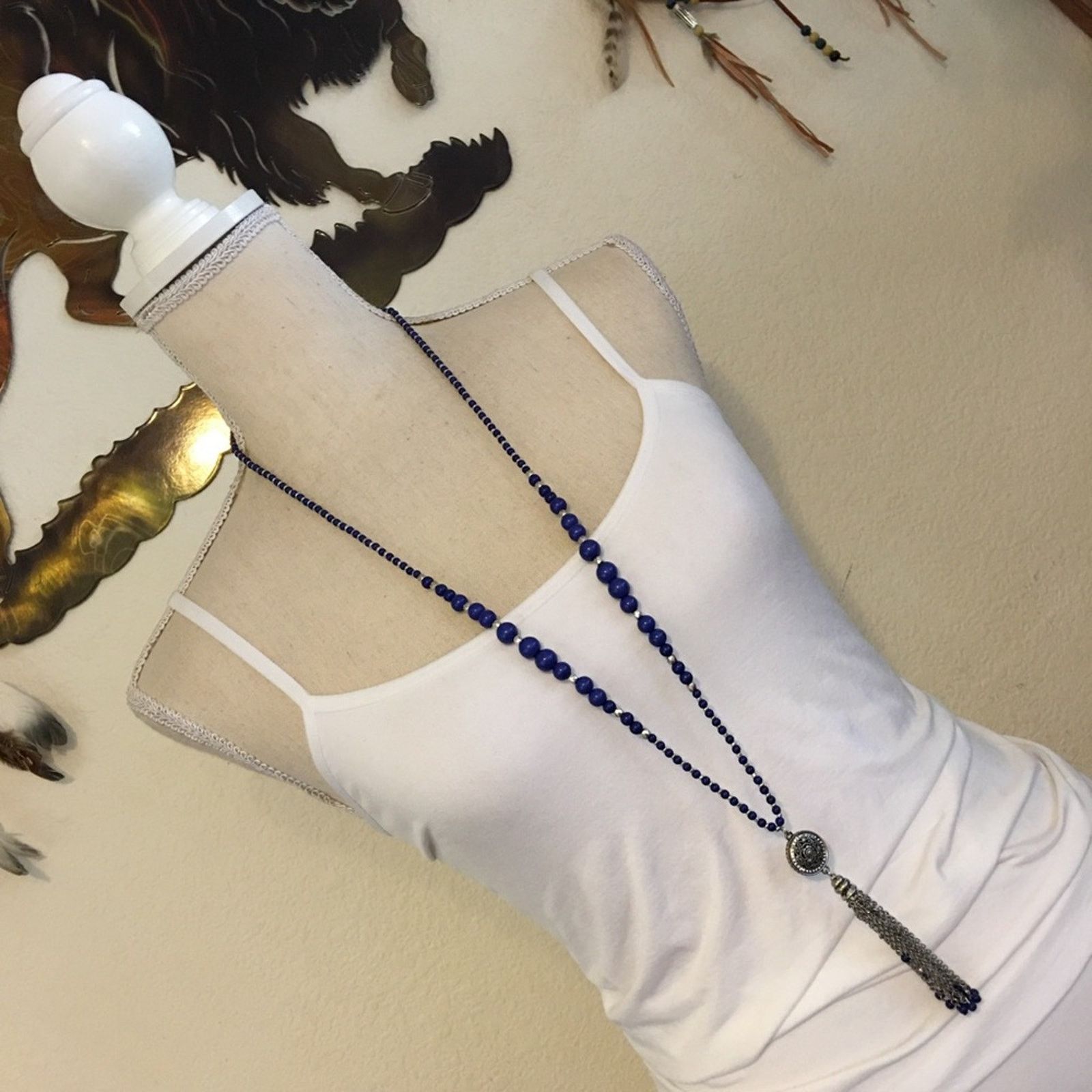 Jewelry Navy and silver beaded tassel rhinestone necklace Size ONE SIZE - 3 Thumbnail