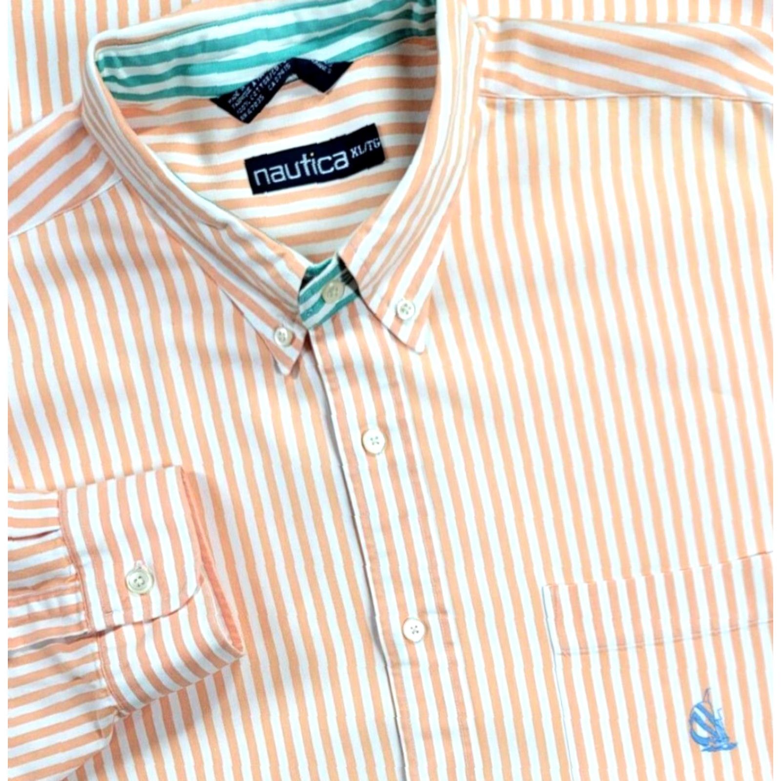 Nautica VINTAGE Nautica Button-Up Shirt XL Peach White Striped Long Sleeve Heavyweight Yacht Mens Size US XL / EU 56 / 4 - 2 Thumbnail